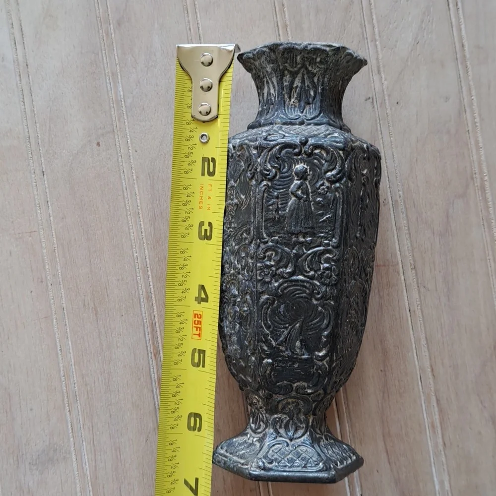 Vintage Old Dutch-Style Embossed Pewter Vase with Windmill & Figurine Motif